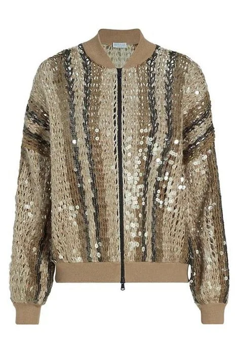 Striped Sequin Zip Cardigan Mesh Blend Leather Blend Suede Blend