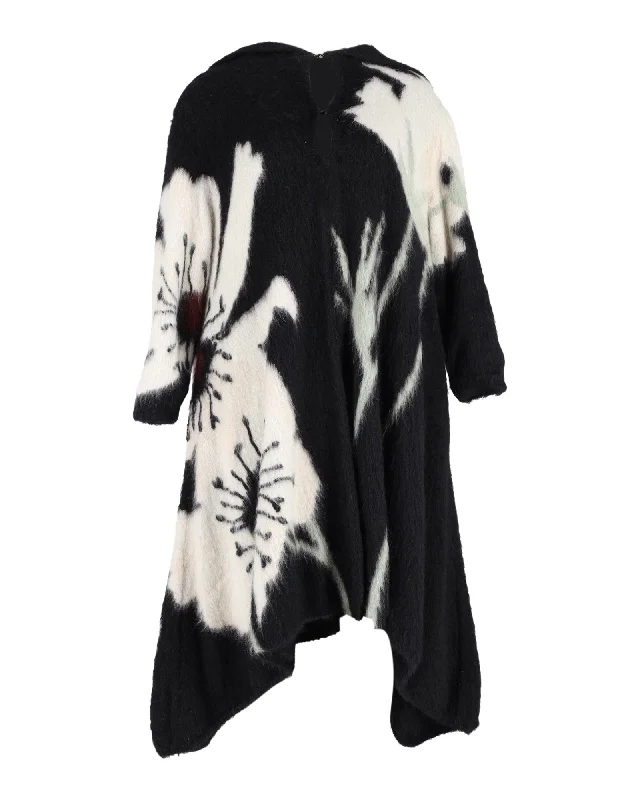 Valentino Garavani Floral Hooded Long Coat in Black Cashmere and Mohair Ultra-Light Down Coat