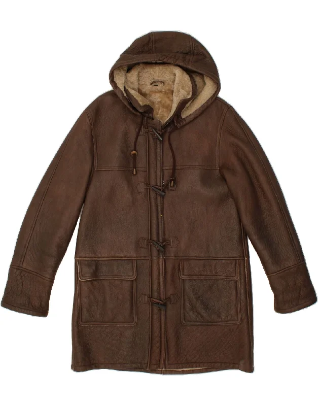 VINTAGE Womens Hooded Shearling Coat UK 18 XL Brown Elegant Satin Bolero