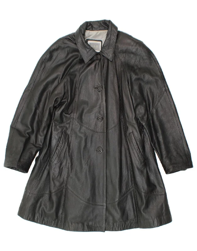 VINTAGE Womens Leather Coat IT 48 XL Black Leather Fitted Tailored Blazer