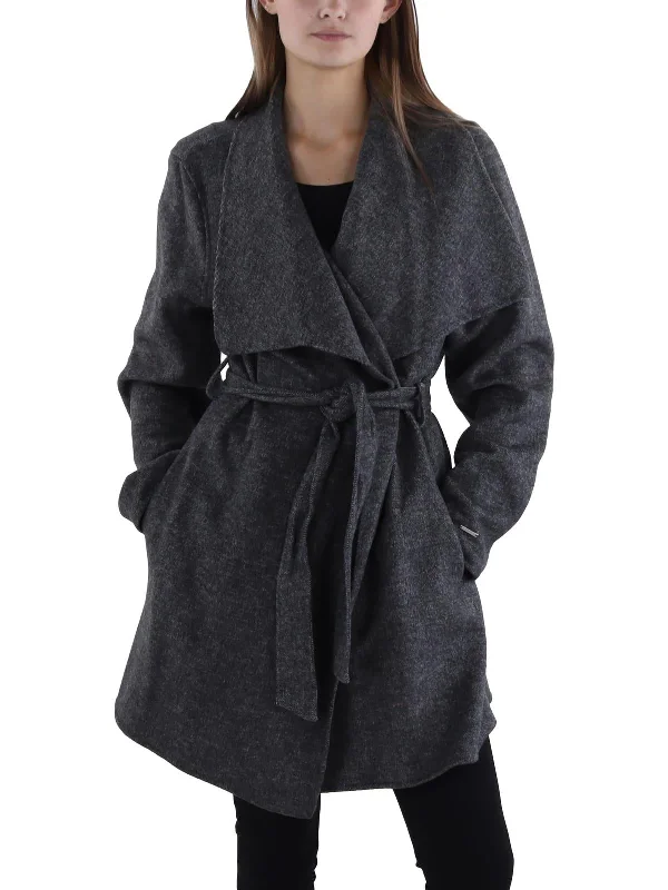 Womens Wool Blend Heathered Wrap Coat Checkered Wool Shacket