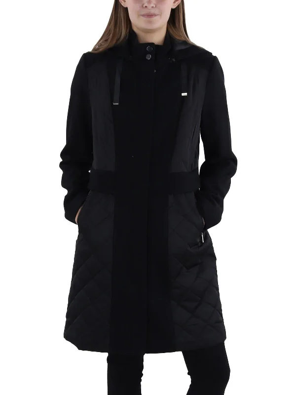 Womens Wool Blend Mixed Media Wool Coat Fuzzy Sherpa Pullover
