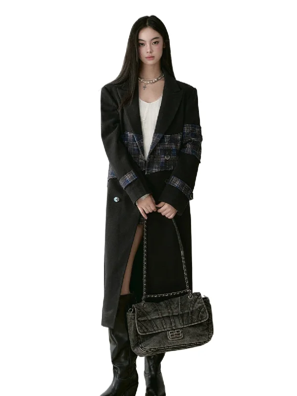 Wool Blend Plaid Patchwork French Coat Casual Denim Jacket