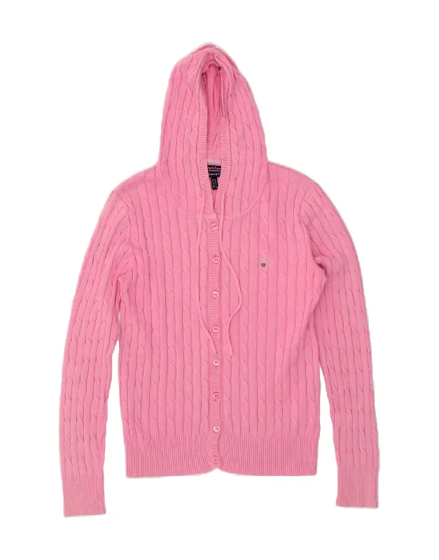 GANT Womens Stretch Hooded Cardigan Sweater UK 12 Medium Pink Cotton Sequined Glittery Shiny