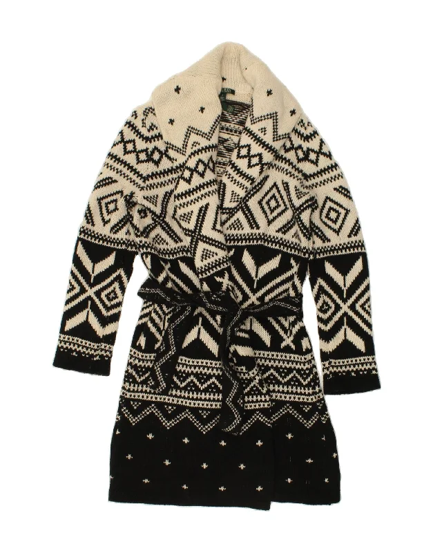 RALPH LAUREN Womens Longline Cardigan Sweater UK 14 Medium Black Fair Isle Sequined Glittery Shiny