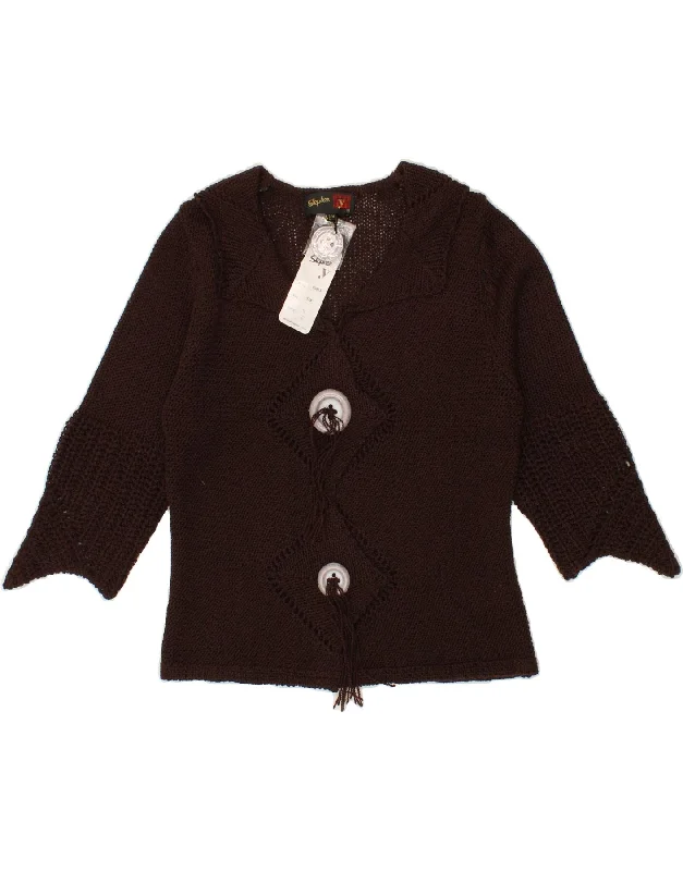 VINTAGE Womens 3/4 Sleeve Cardigan Sweater UK 10 Small Brown Acrylic Fleece Fabric Down Fabric Feather Fabric
