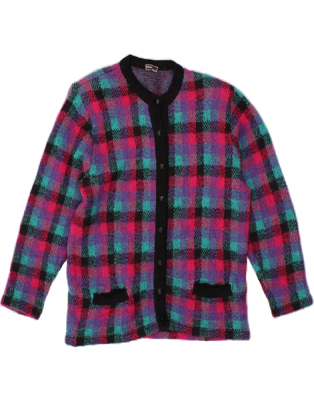 VINTAGE Womens Cardigan Sweater IT 50 XL Multicoloured Check Mohair Silk Blend Satin Velvet