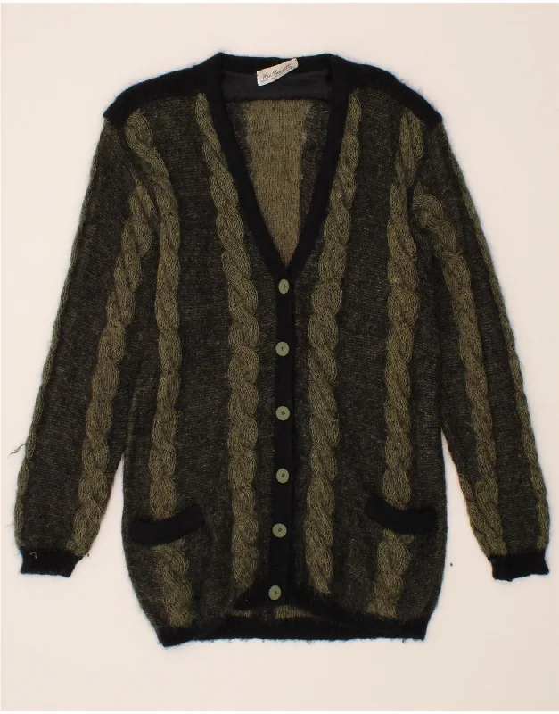 VINTAGE Womens Cardigan Sweater UK 14 Large Grey Striped Herringbone Houndstooth Plaid